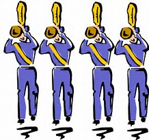 Illustration of four marching band members playing trumpets Illustration of four marching band members playing trumpets